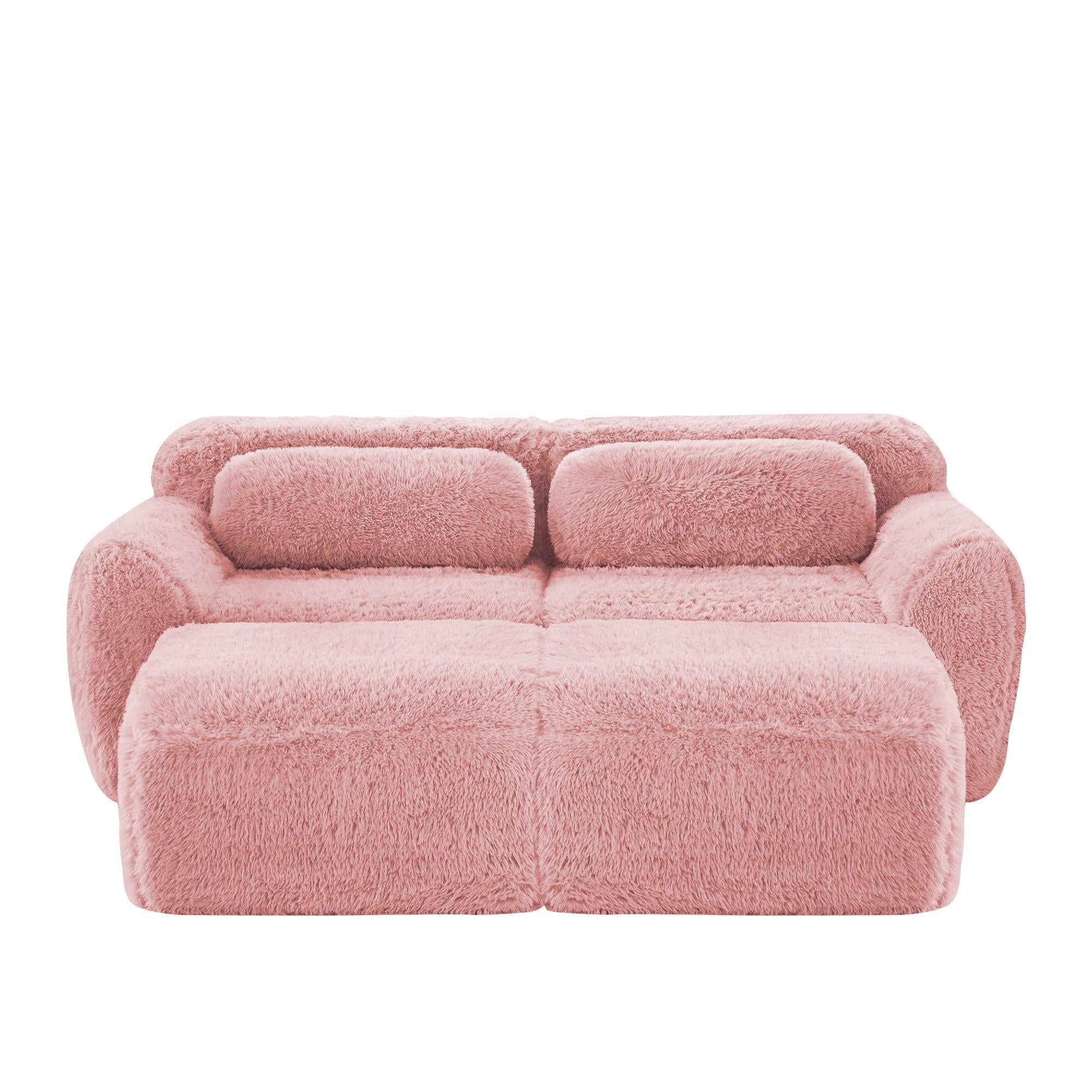 Pink Modular Plush Sofa - No Assembly, Non-slip, With Ottoman.