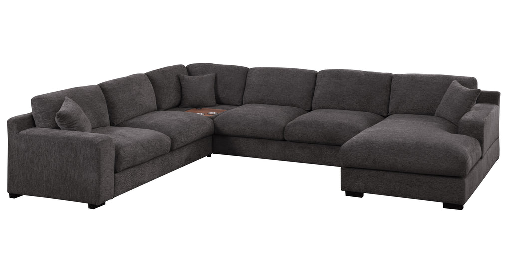Corner sectional gray chenille sofa featuring built-in charging ports and cupholders, ideal for modern living room setups.