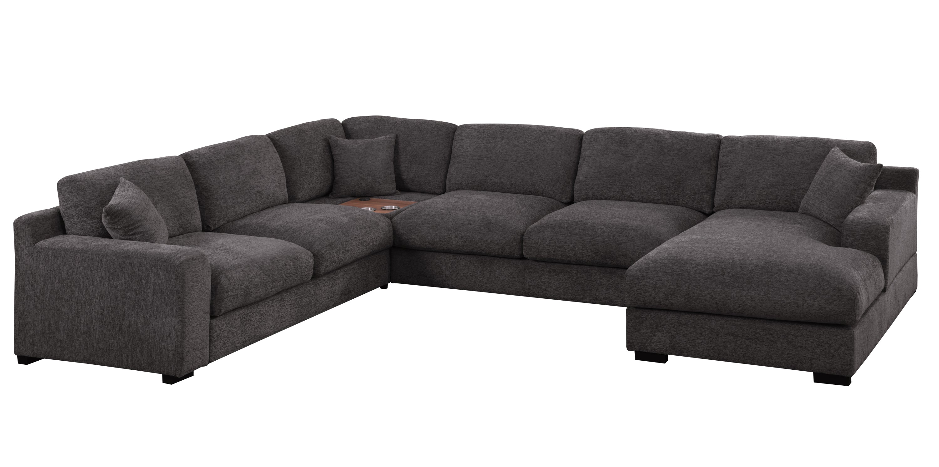 Corner sectional gray chenille sofa featuring built-in charging ports and cupholders, ideal for modern living room setups.