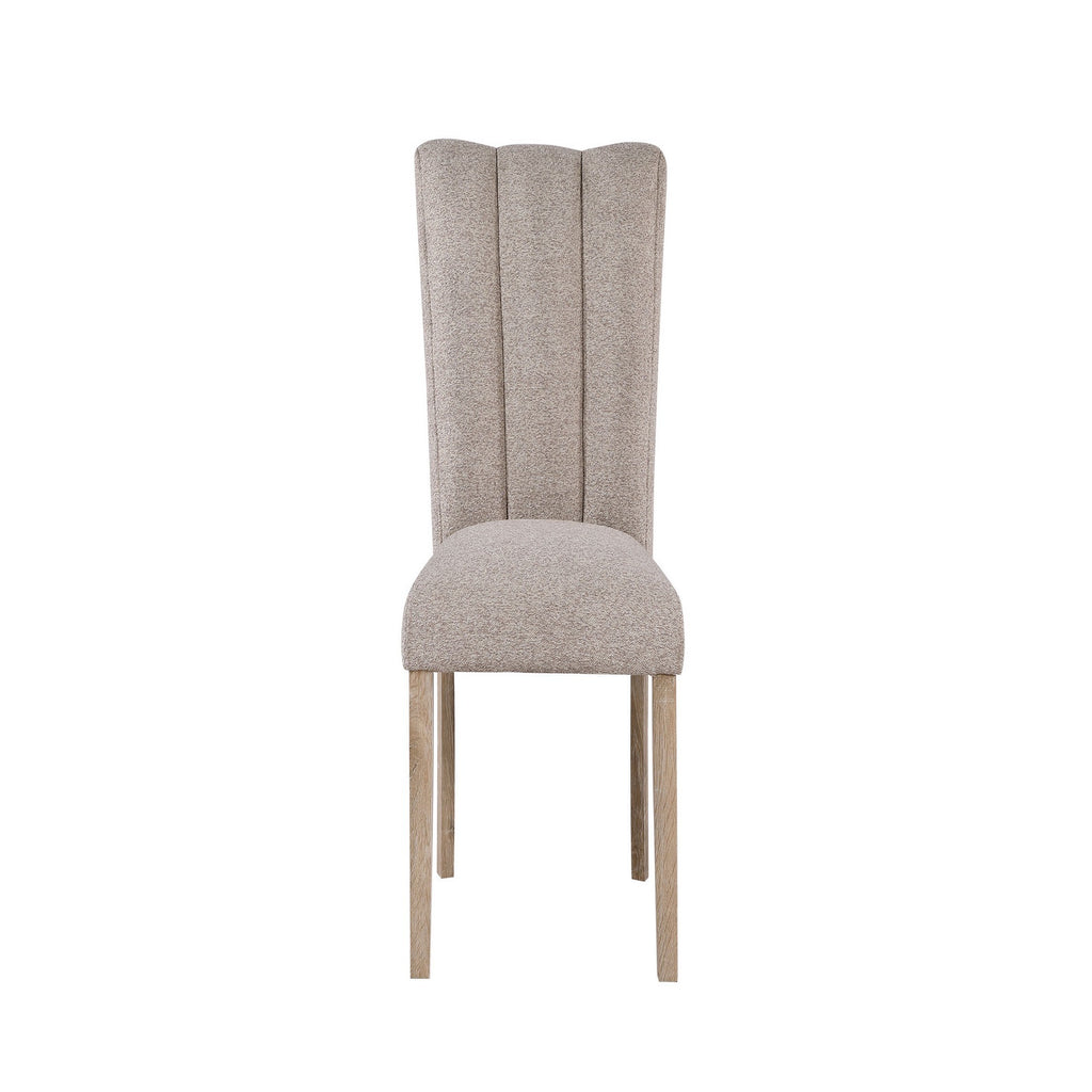 Beige upholstered dining chair from 5PC Dining Table Set - Faux Marble - Modern Dining with flared backrest and wooden legs.