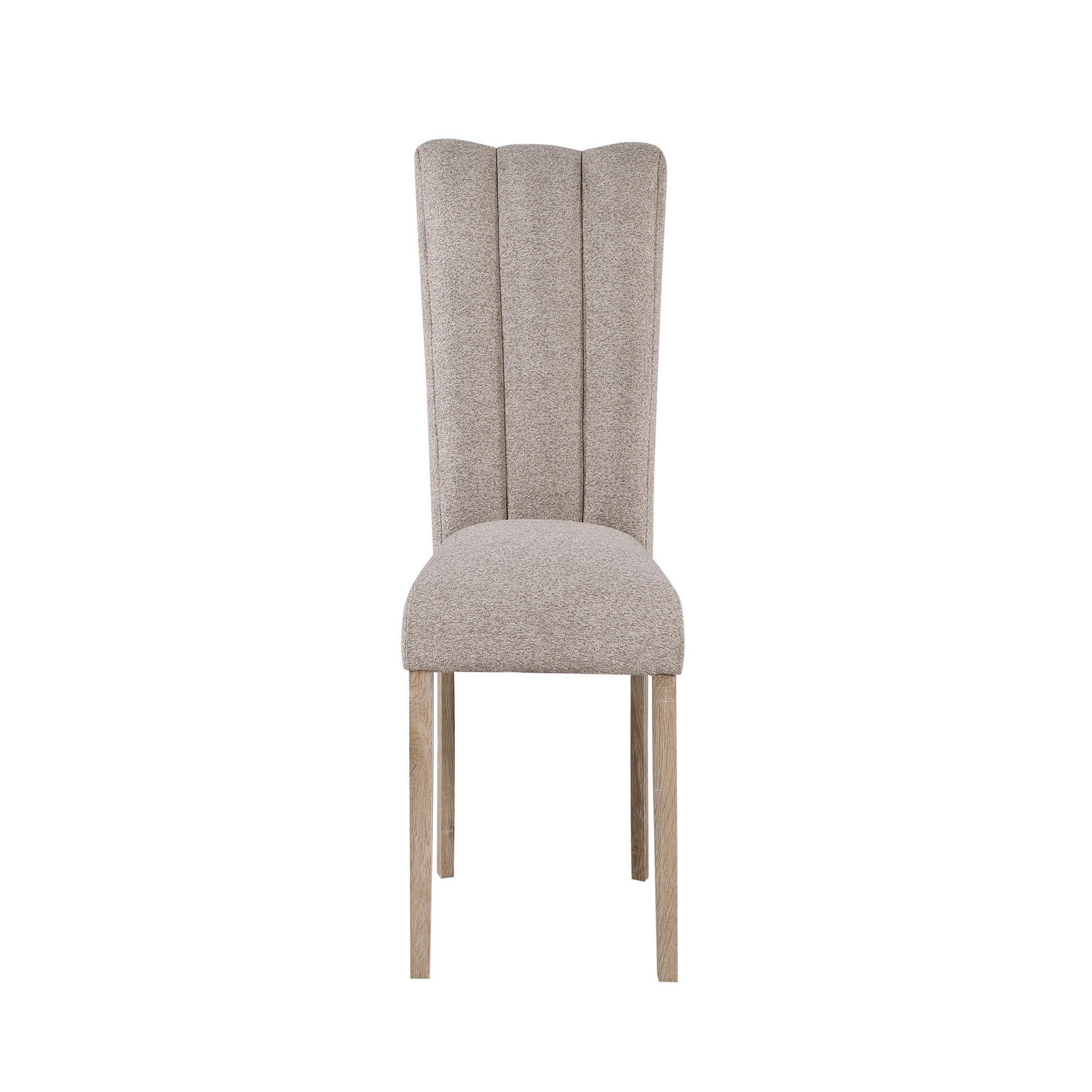 Beige upholstered dining chair from 5PC Dining Table Set - Faux Marble - Modern Dining with flared backrest and wooden legs.