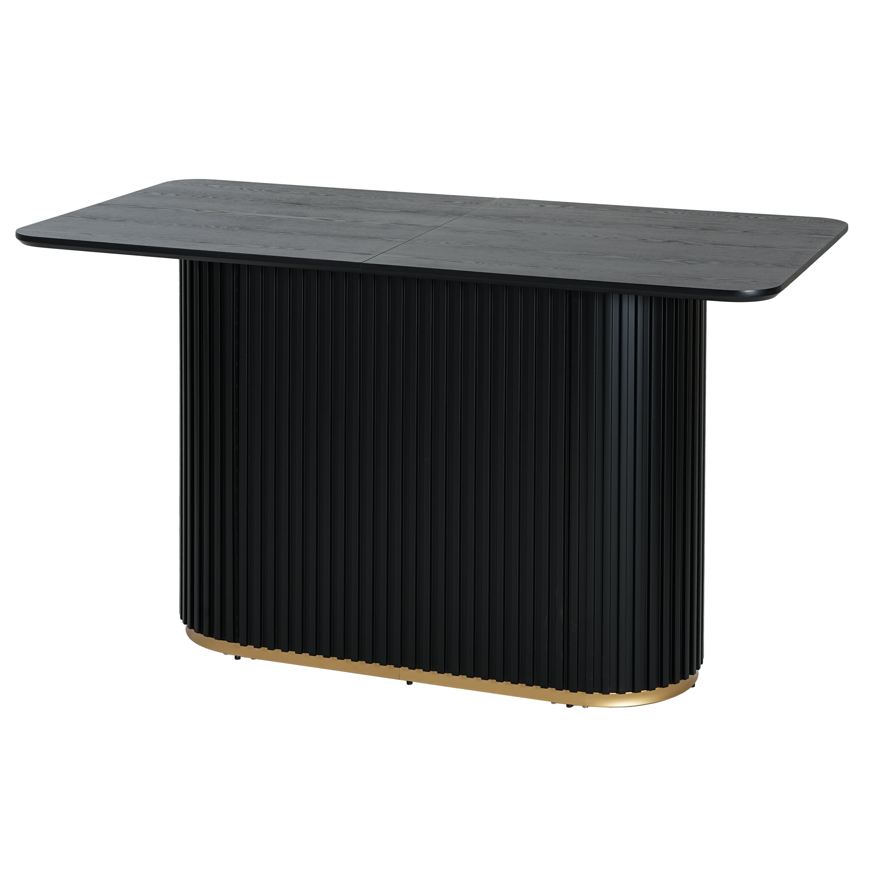 Modern black counter table with fluted base and gold trim, ideal for dining rooms. 63-inch durable design seats 4-6 comfortably.