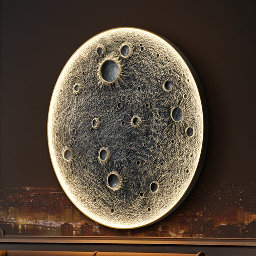 48-Inch LED Moon Wall Light with Remote Control mounted on a dark wall, showcasing realistic meteorite crater texture and warm ambient glow.