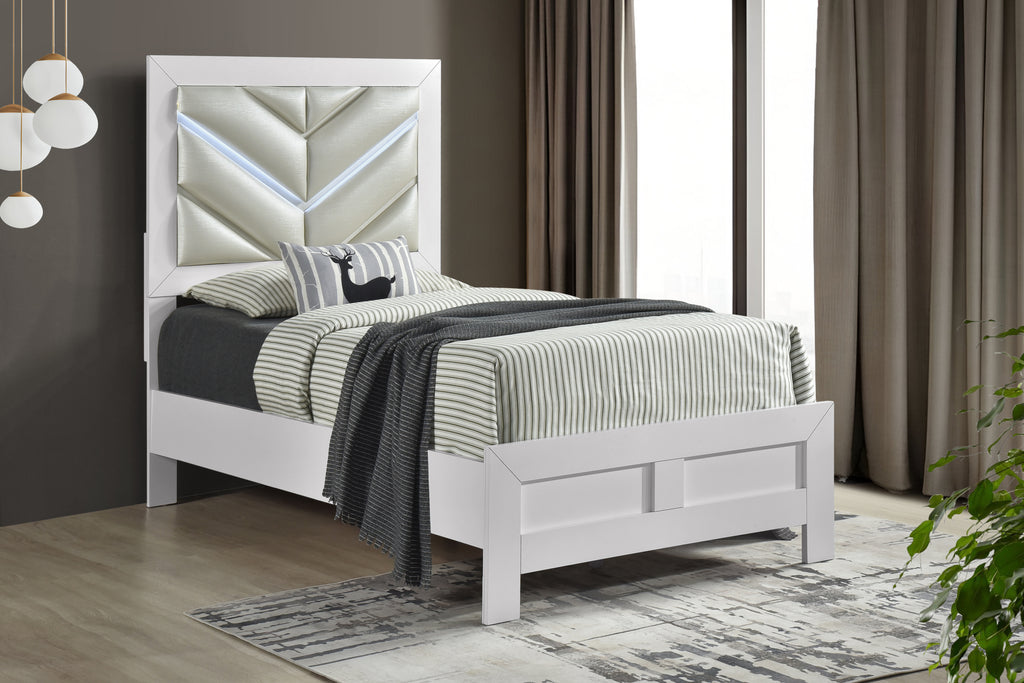 Moreland Sparkling White Twin Bed with Faux Leather Headboard