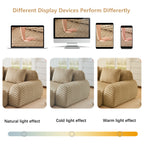 Color variation of modular flannelette sofa under different lighting conditions including natural, cold, and warm light effects.