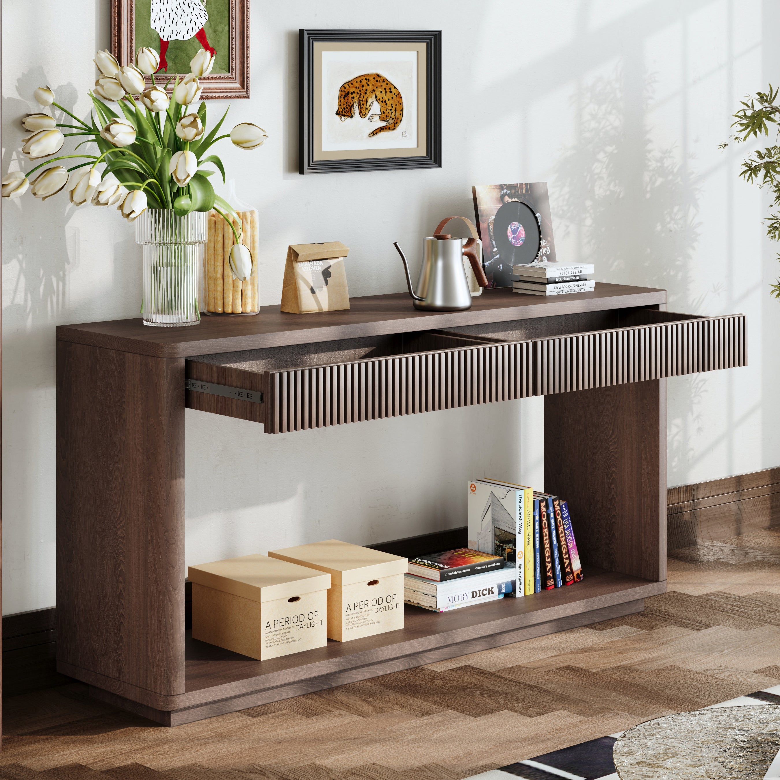 60-Inch Modern Fluted Walnut Wood Console Table with 2 Storage Drawers