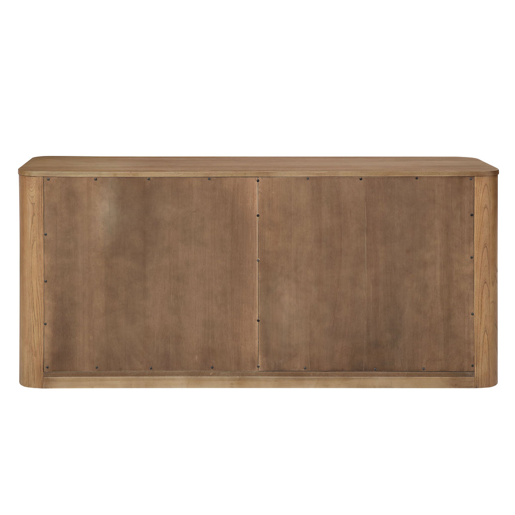 Back view of light oak server showing wood panel construction, included in 8-piece light oak dining set with upholstered chairs.