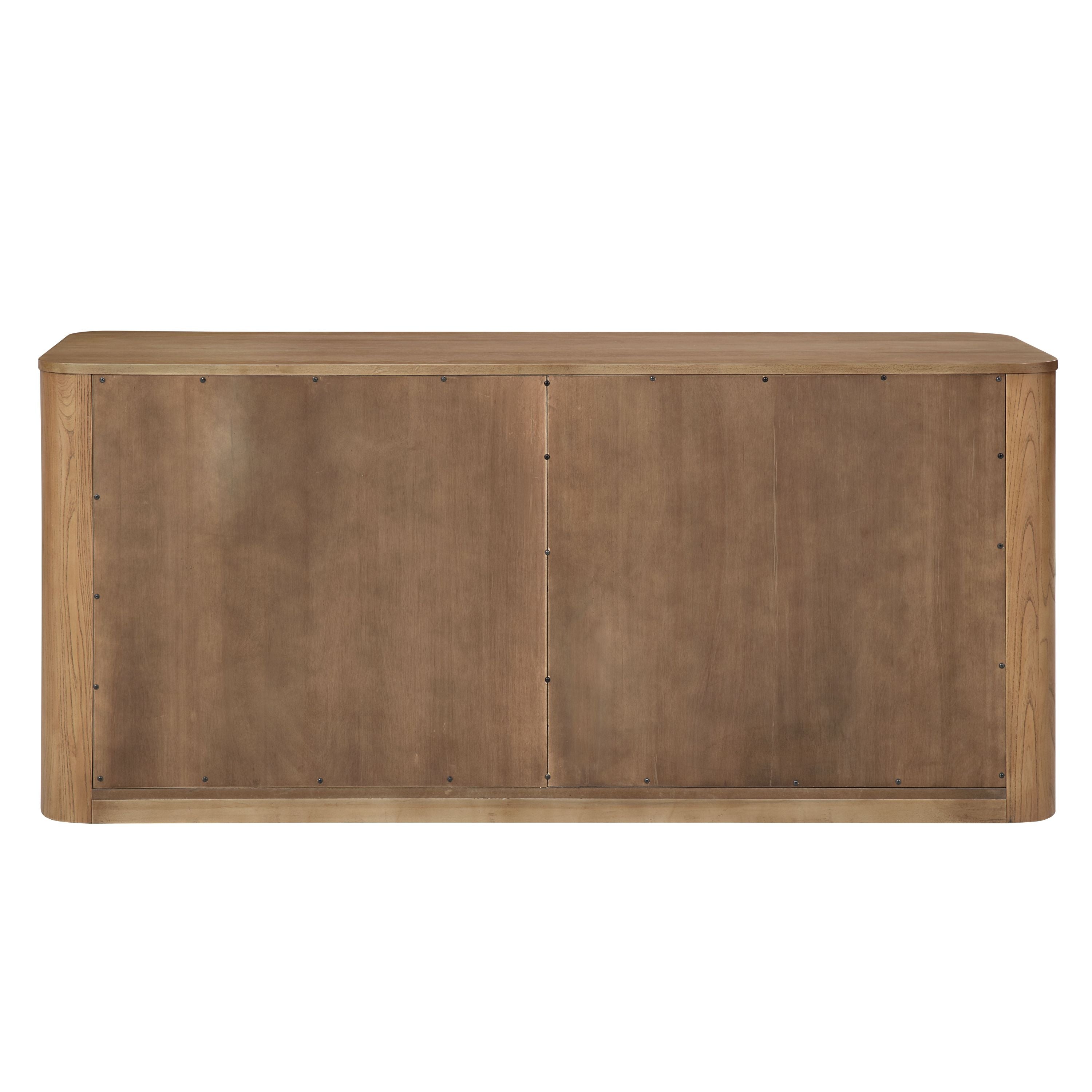 Back view of light oak server showing wood panel construction, included in 8-piece light oak dining set with upholstered chairs.