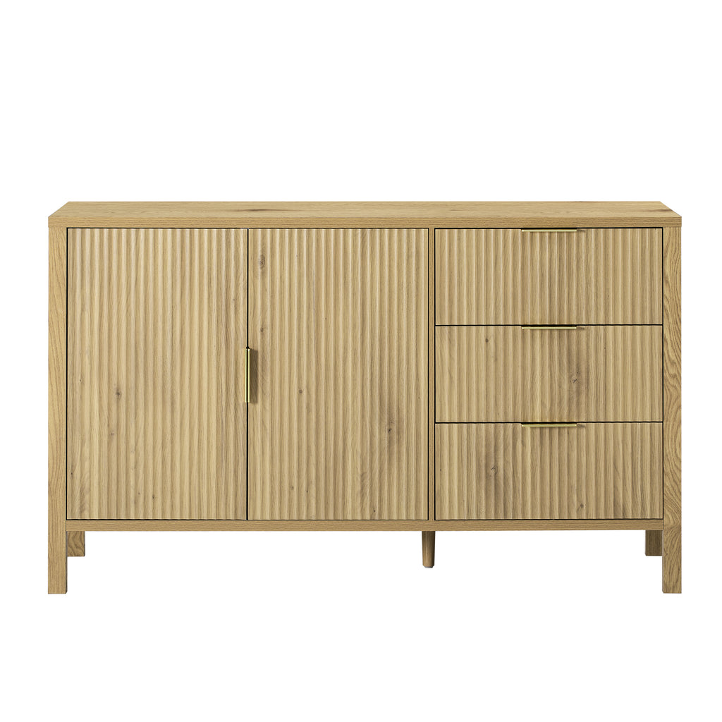 Front view of modern sideboard cabinet with wave-pattern doors and 3 drawers, perfect for contemporary home storage solutions.