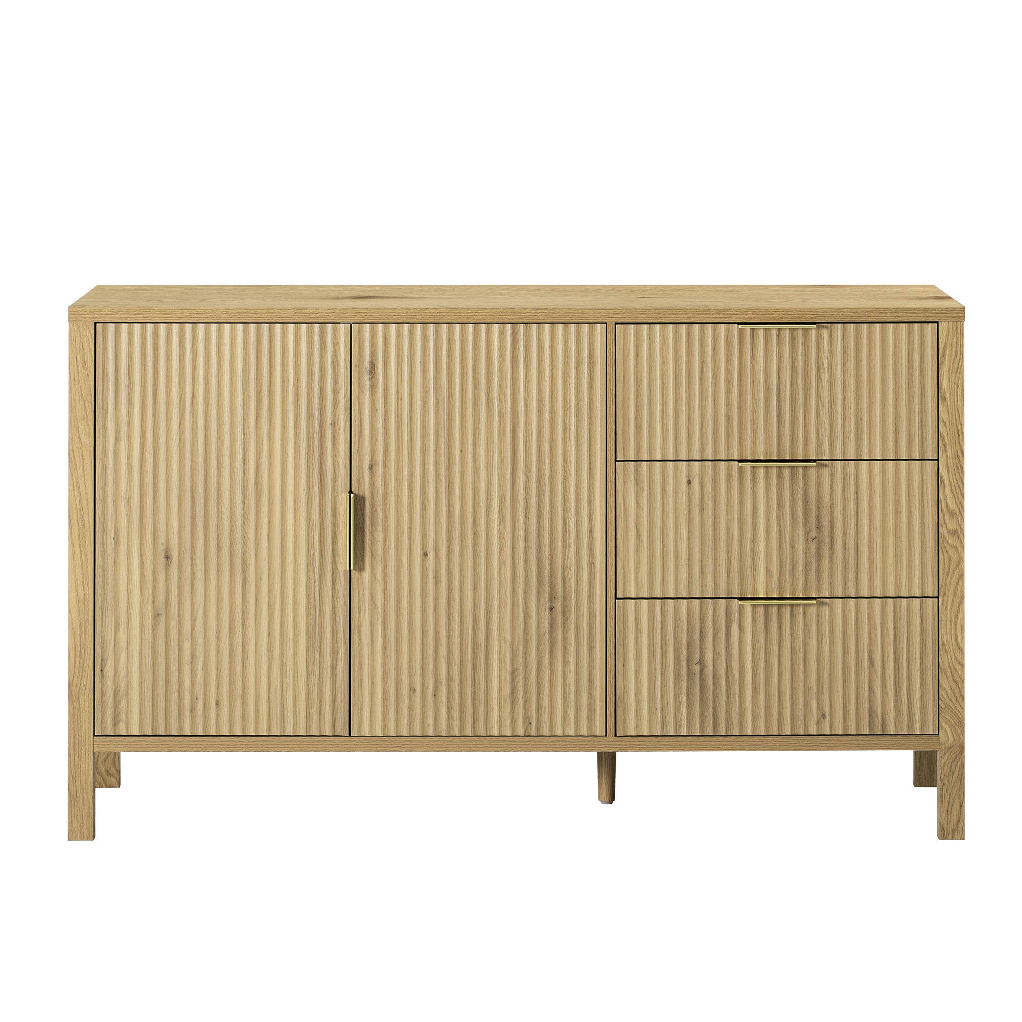 Front view of modern sideboard cabinet with wave-pattern doors and 3 drawers, perfect for contemporary home storage solutions.