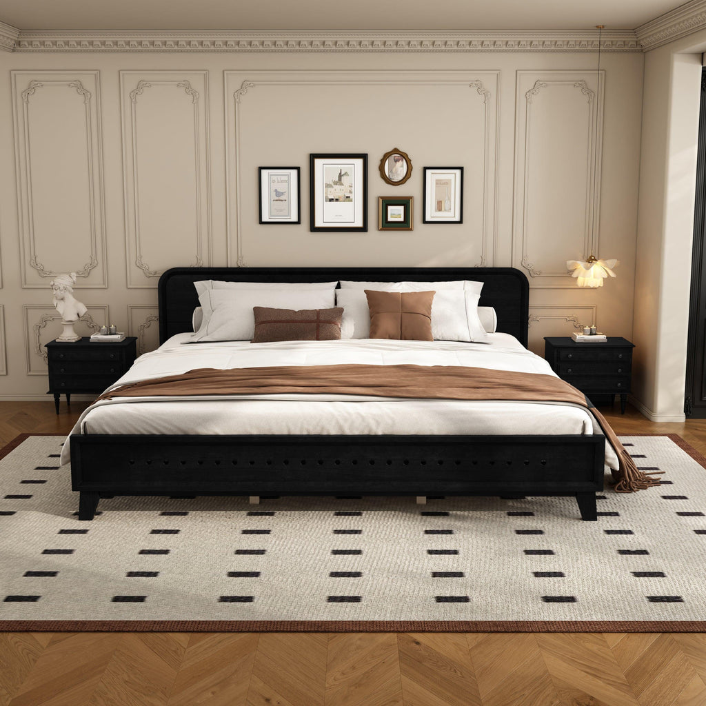 Solid Wood King Size Bed - Black Pine Design.