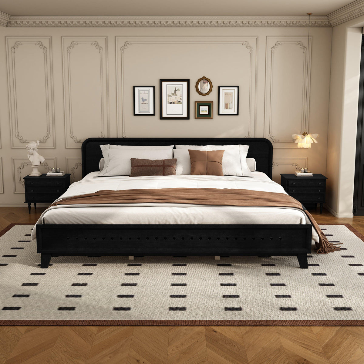 Solid Wood King Size Bed - Black Pine Design.