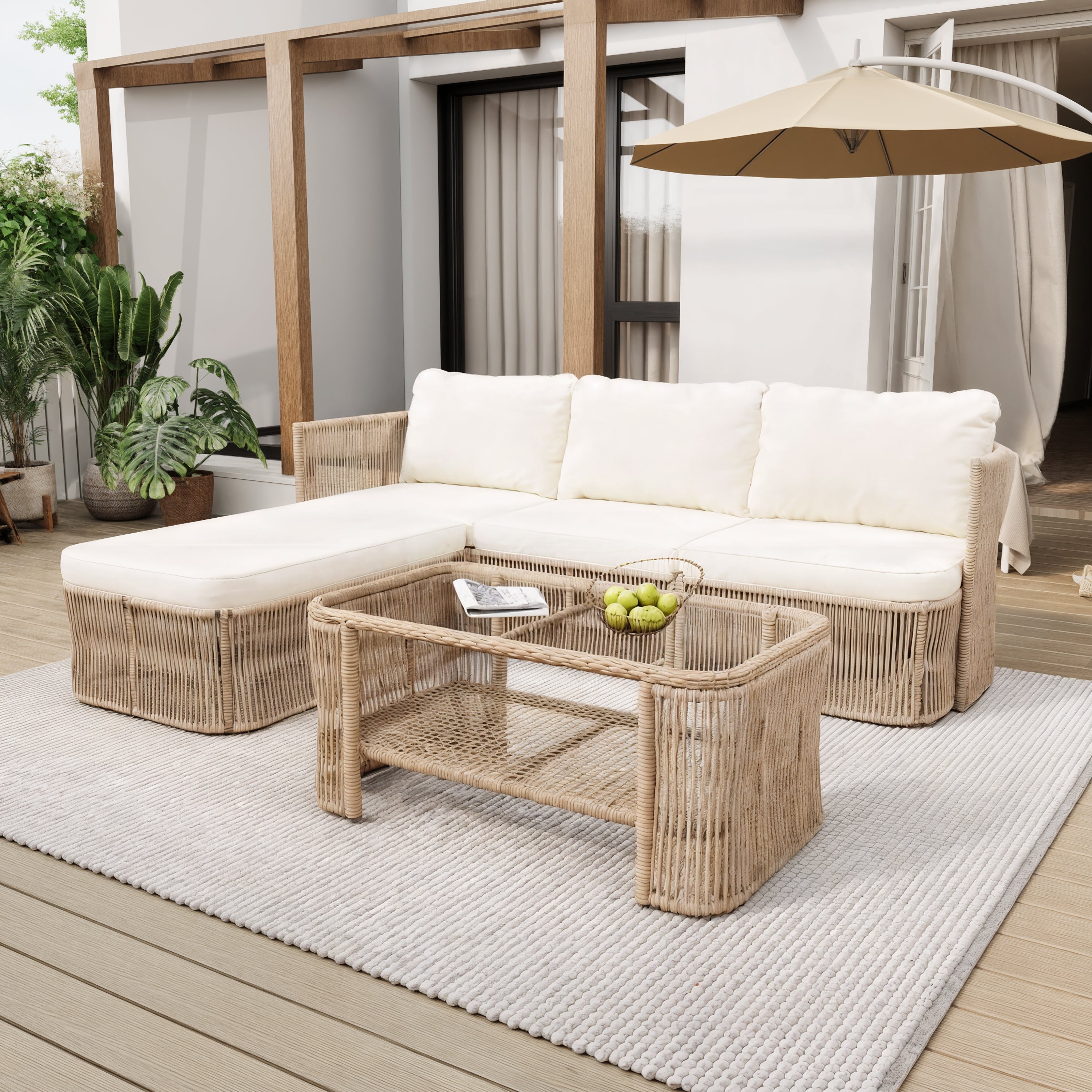 85-Inch Outdoor Rattan Patio Furniture Set in Dark Beige Wicker