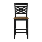 Front view of counter height dining chair with wood seat and black crisscross backrest, part of 5pc dining set.