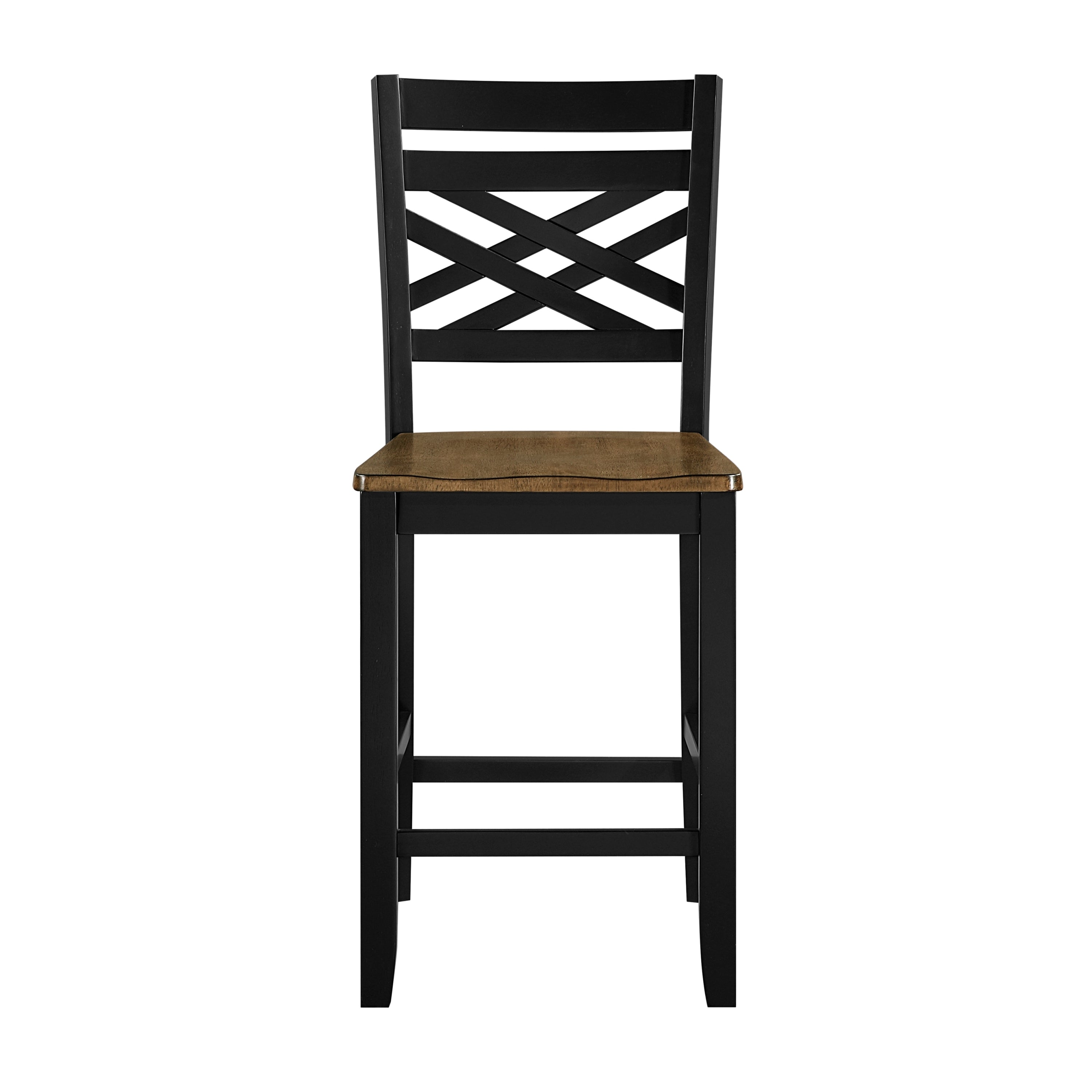 Front view of counter height dining chair with wood seat and black crisscross backrest, part of 5pc dining set.