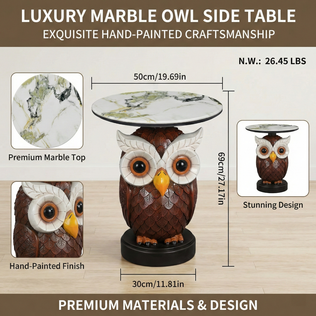 Owl Accent Table - Art Deco Animal Statue for Livingroom.