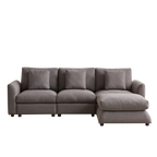 Full-length modular sofa with ottoman extension, upholstered in gray fabric, ideal for modern living rooms or apartments seeking comfort and style.