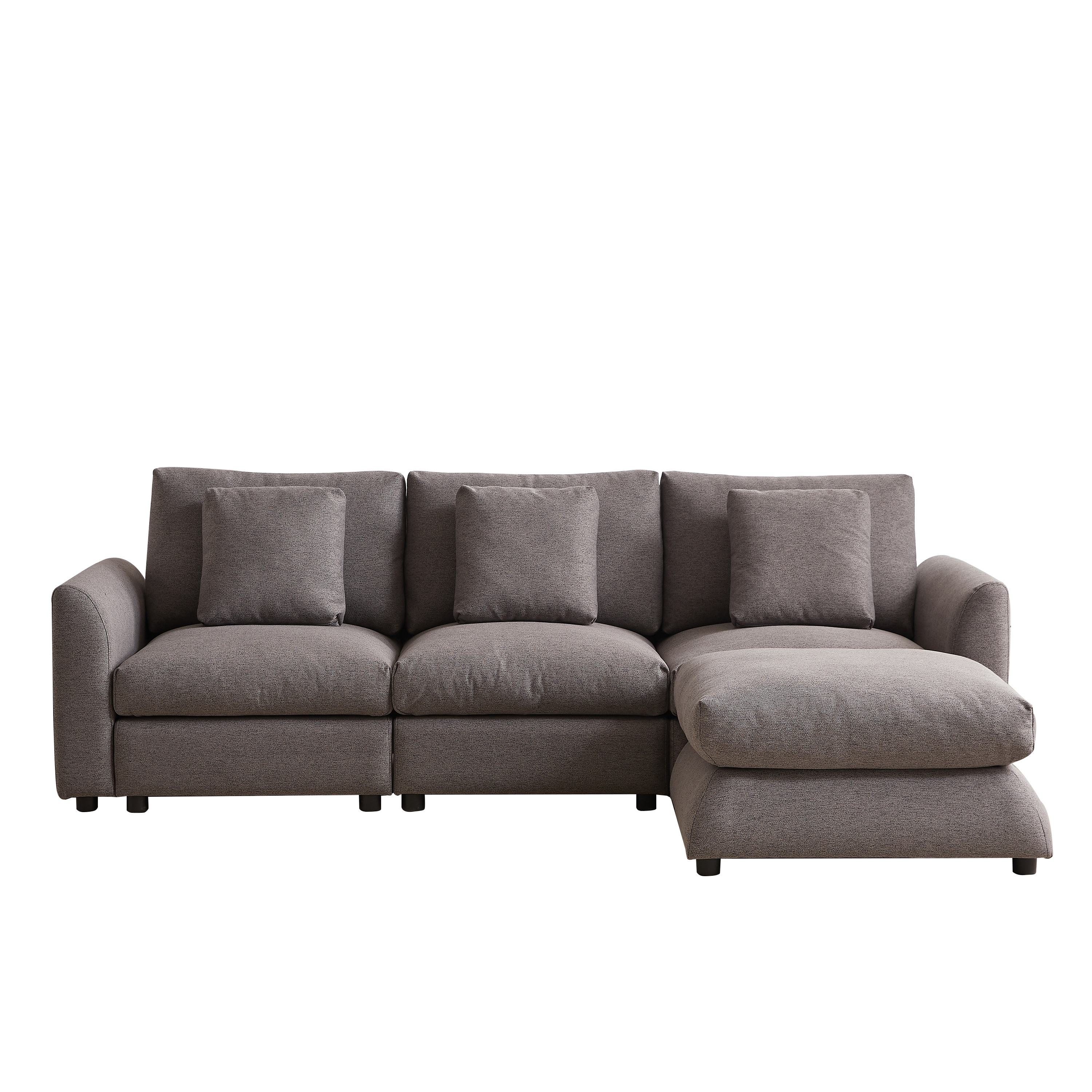 Full-length modular sofa with ottoman extension, upholstered in gray fabric, ideal for modern living rooms or apartments seeking comfort and style.