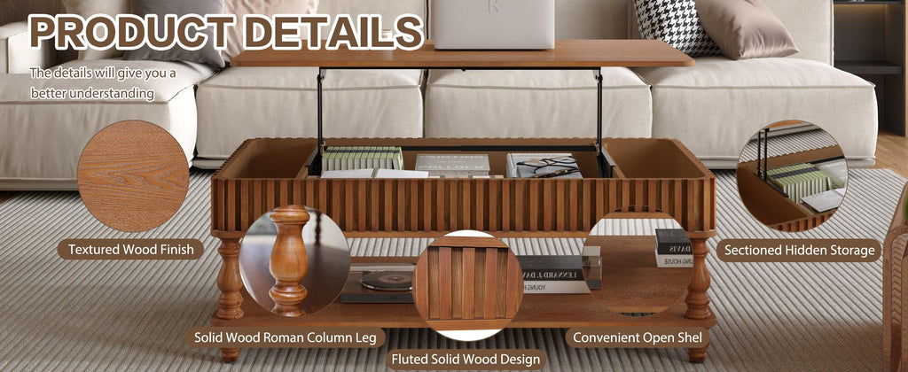 Vintage Brown Lift Top Coffee Table with Storage.