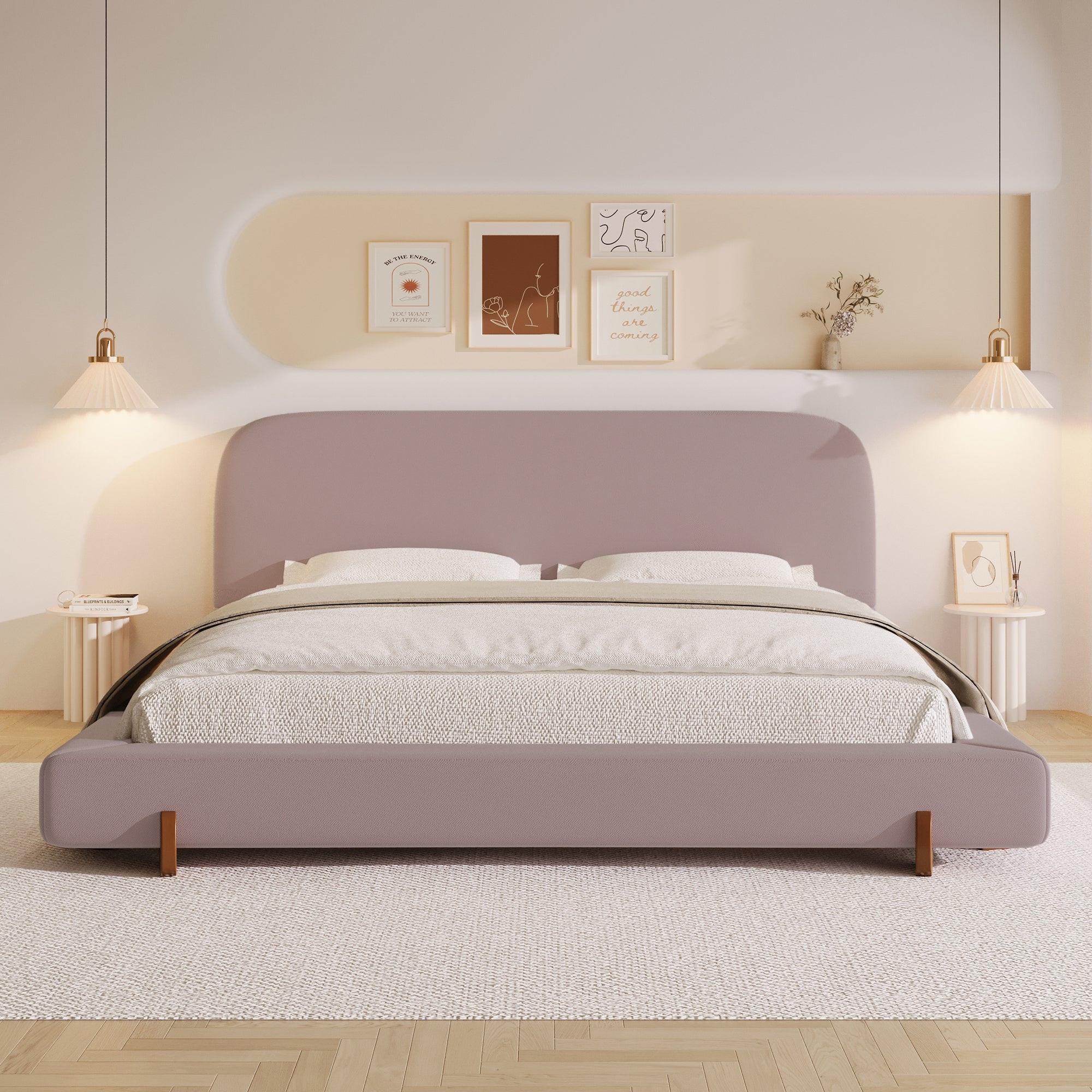 Pink Velvet Bed Frame with Brown Wood Legs - King Size.