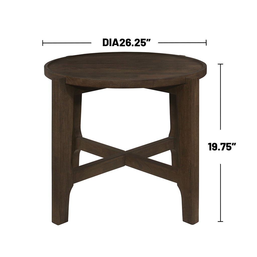 Dark brown solid wood end table with dimensions 26.25-inch diameter and 19.75-inch height, crafted from durable rubberwood.