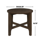 Dark brown solid wood end table with dimensions 26.25-inch diameter and 19.75-inch height, crafted from durable rubberwood.