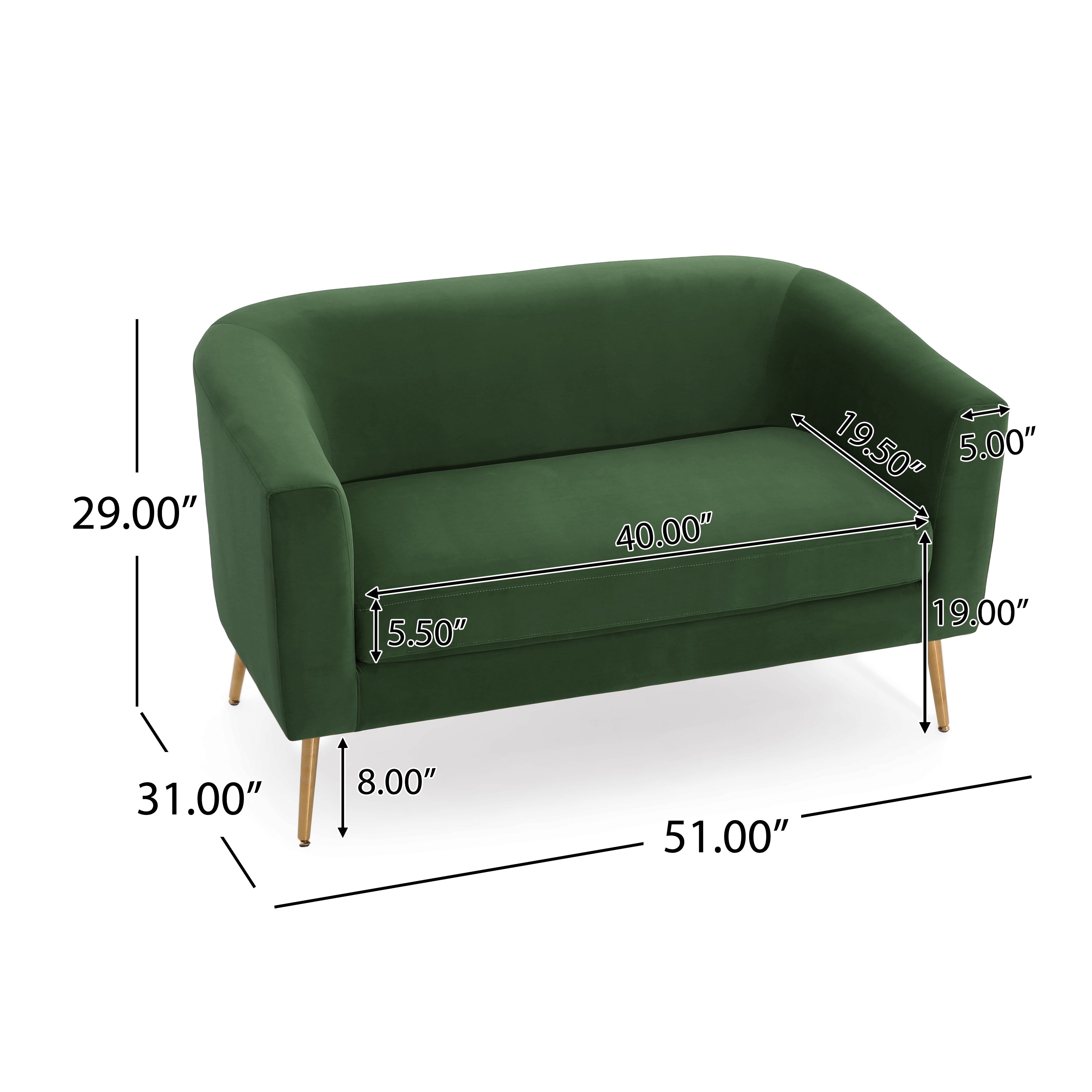 Retro Green Velvet Loveseat - Modern Design with detailed dimensions including seat depth, height, and width for accurate space planning.