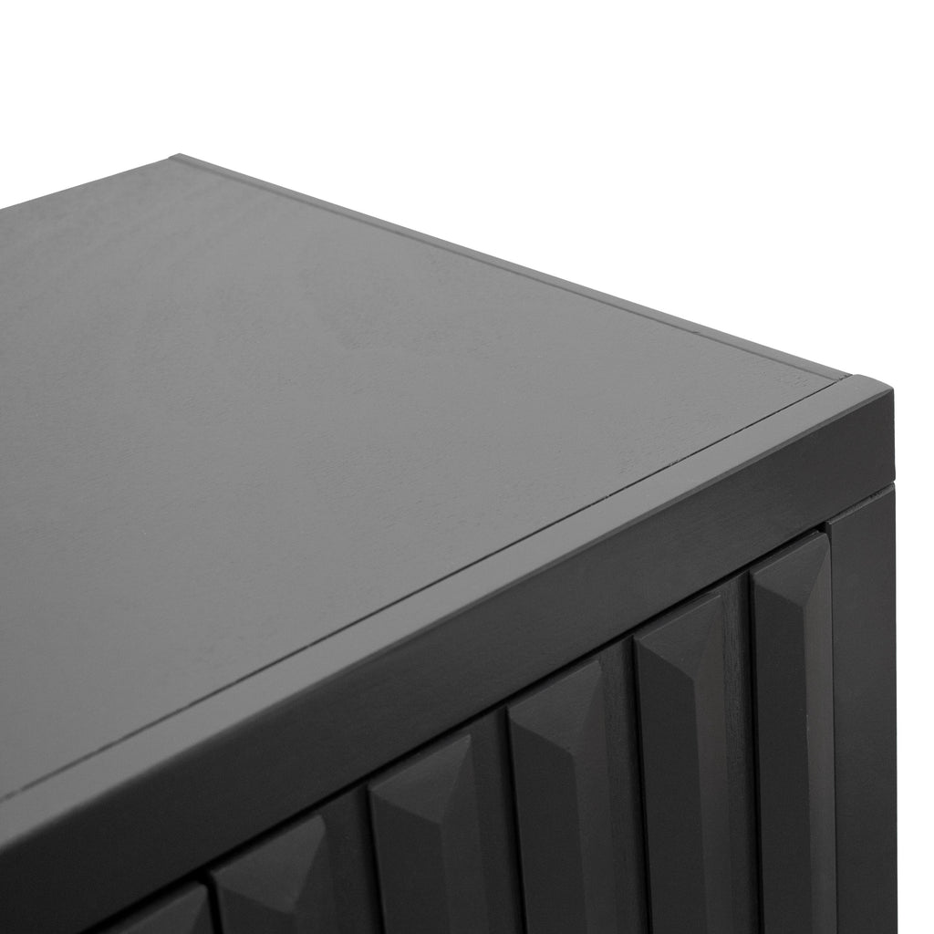 Close-up of Radiance TV Stand 85 inch TVs - Black Finish top surface, highlighting smooth black wood texture.