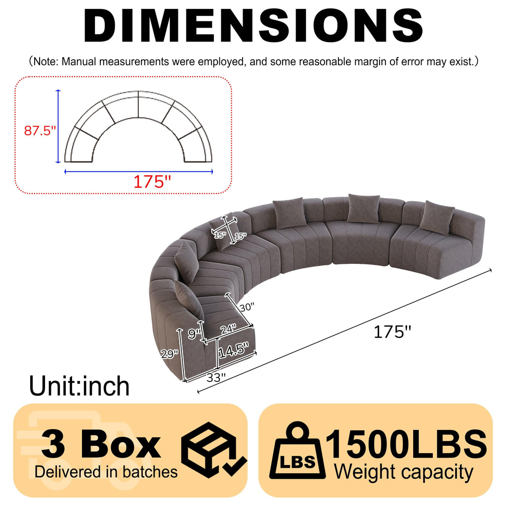 Curved Sectional Sofa with 6 Pillows for Living Room.
