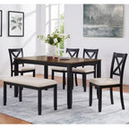 6-Piece Dining Table Set with Bench, Classic Wooden Dining Table Set for 6, Timeless Farmhouse 6-Person Dining Table Set for Dining room, Kitchen, Black & Oak  two tone