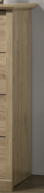 Elara 4-Drawer Light Oak Chest with Black Handles.