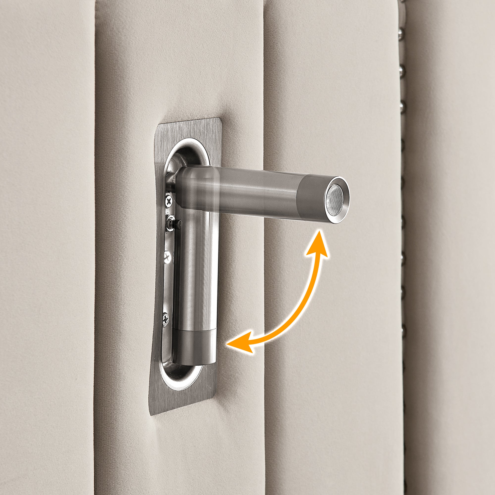 Rotating reading lamp mounted on velvet headboard of queen bed frame, showing flexible adjustment for personalized lighting.