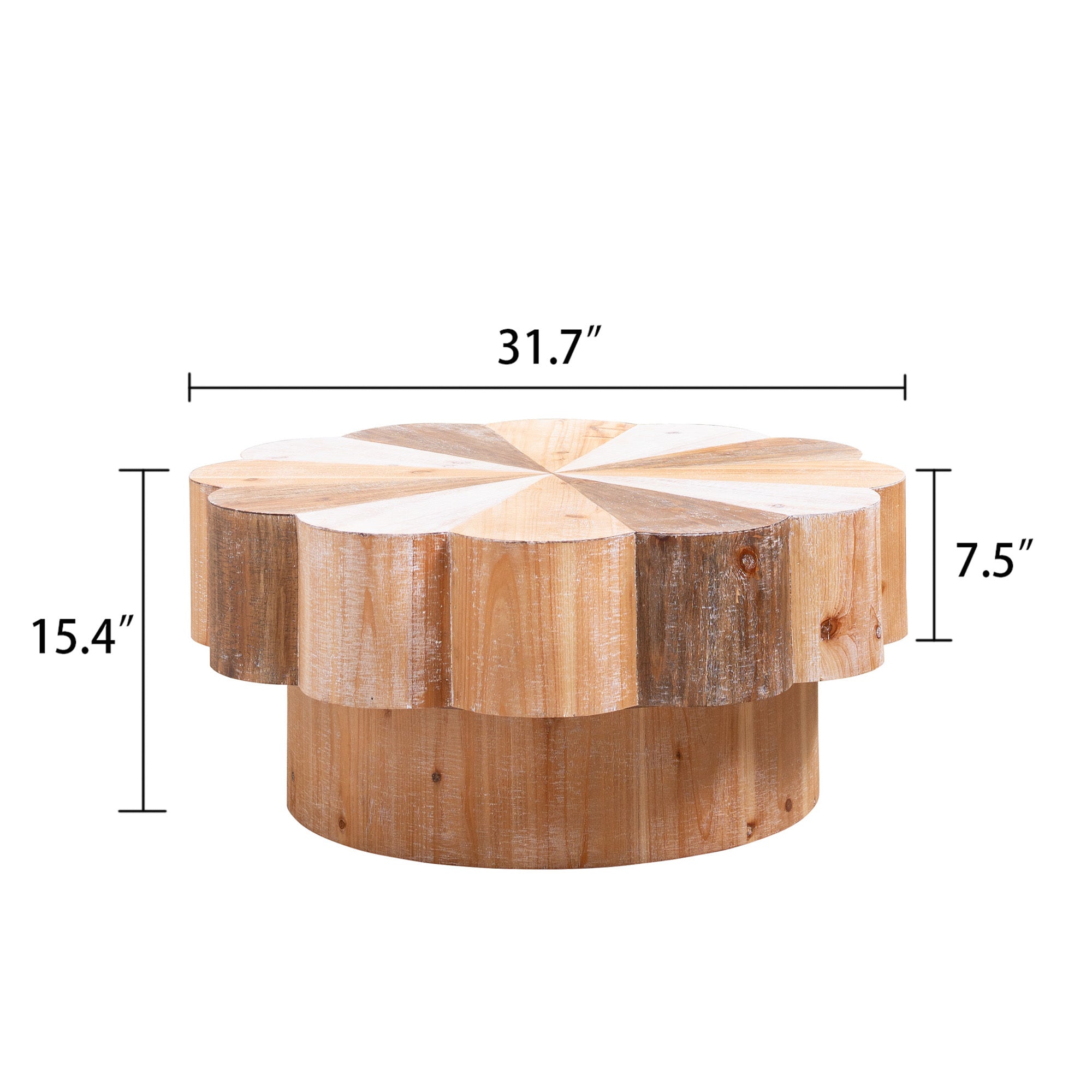Dimensions of rustic flower-shaped coffee table shown with 31.7-inch diameter and 15.4-inch height, perfect for living room use.