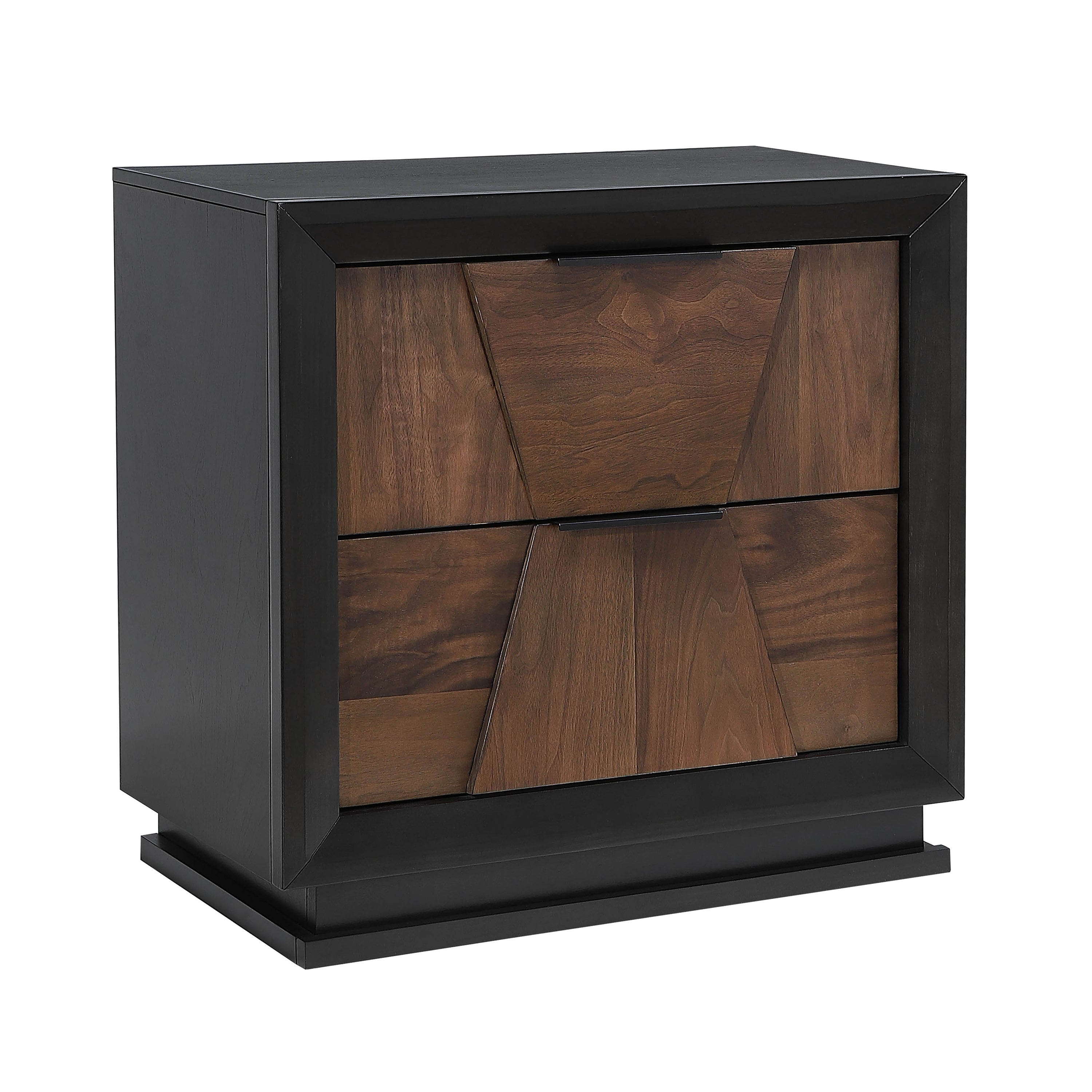 Elegant walnut 2-drawer nightstand with black frame and angled drawer design, ideal for modern bedroom storage solutions.