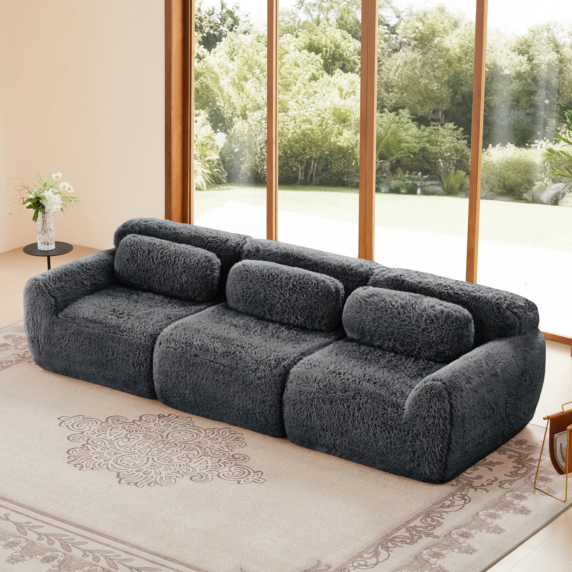 Modular Sectional Sofa - Comfortable & Versatile Design in dark gray plush fabric with three seats and back cushions, ideal for modern living rooms.