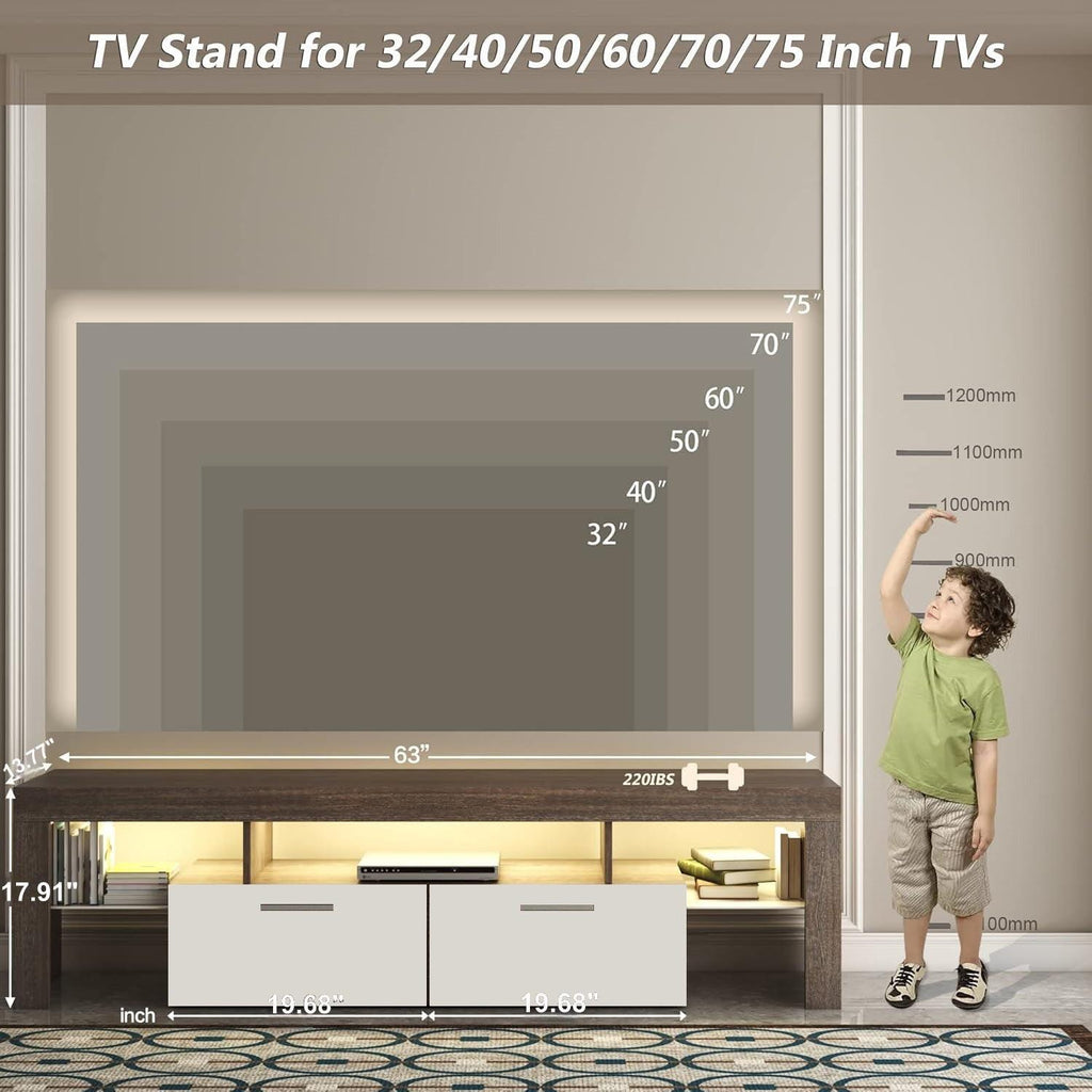 LED TV Stand with Storage for 75 Inch TVs - Brown and White.