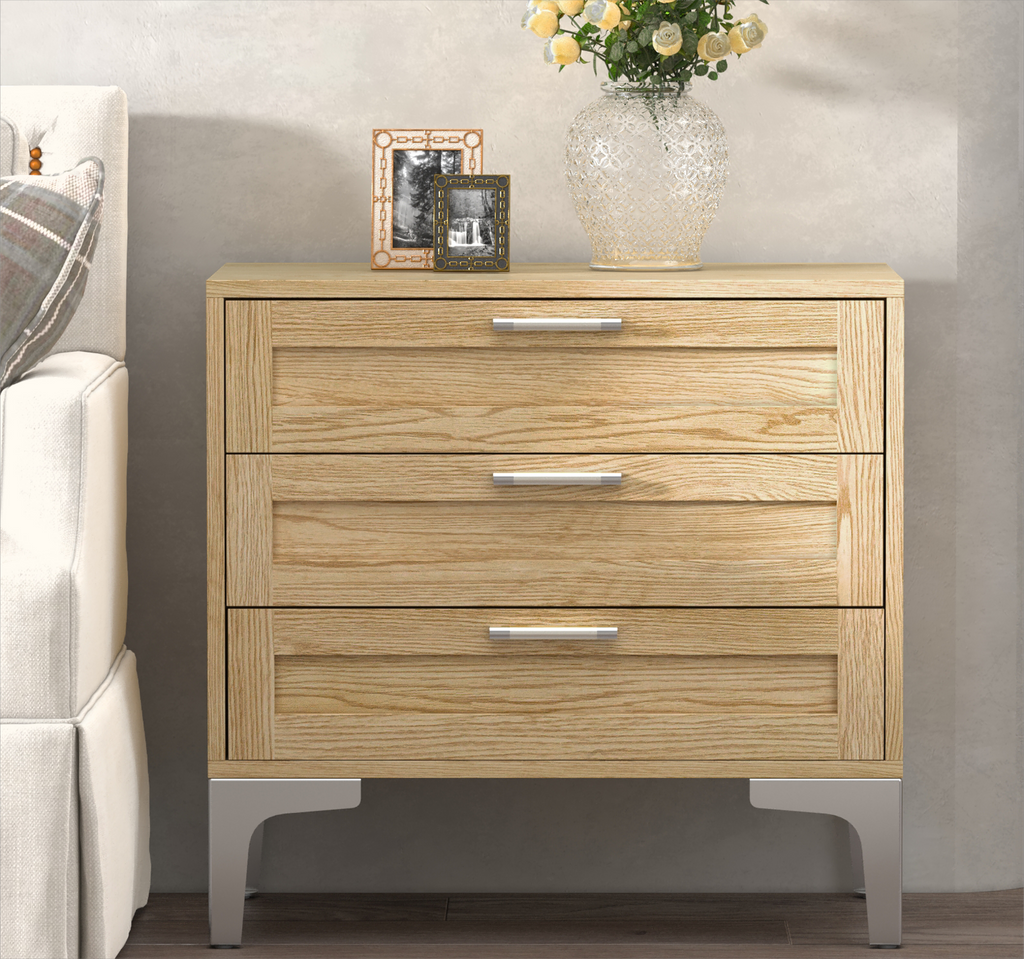 Light Walnut 3-Drawer Mid-Century Modern Wood Nightstand with Silver Legs