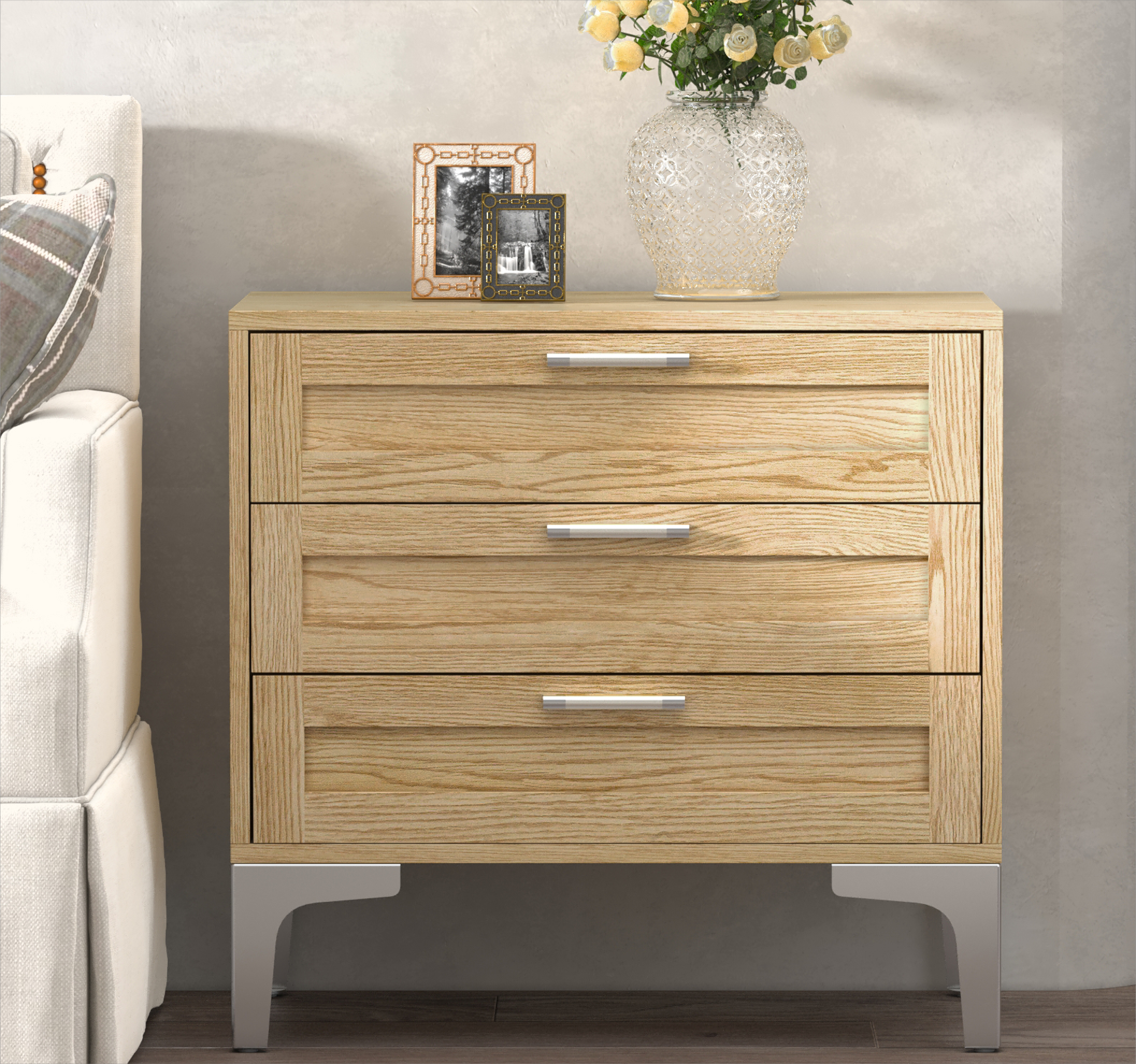 Light Walnut 3-Drawer Mid-Century Modern Wood Nightstand with Silver Legs