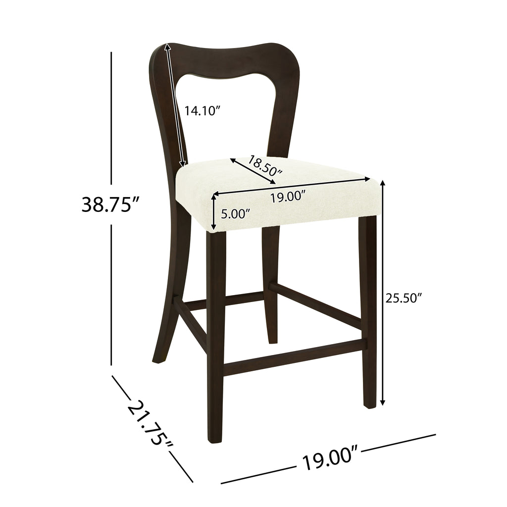 Dimensions of Counter Stool Set of 2 - Dark Brown + Beige with measurements for seat height, width, and depth.