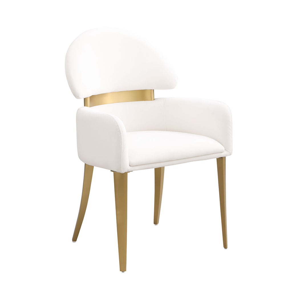Angled view of Contemporary Dining Arm Chair in White and Gold showcasing modern design and plush fabric seat.