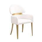 Angled view of Contemporary Dining Arm Chair in White and Gold showcasing modern design and plush fabric seat.