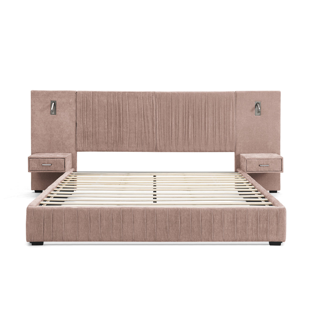 Queen size bed frame with upholstered headboard and slatted base, featuring built-in nightstands and no box spring design.