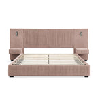 Queen size bed frame with upholstered headboard and slatted base, featuring built-in nightstands and no box spring design.