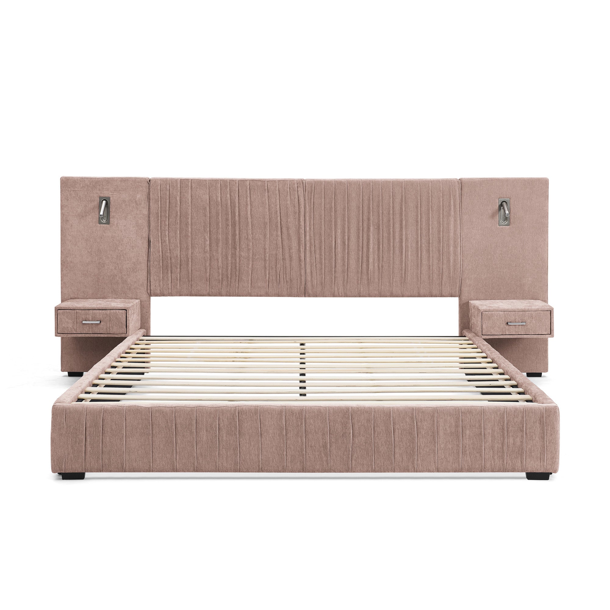 Queen size bed frame with upholstered headboard and slatted base, featuring built-in nightstands and no box spring design.