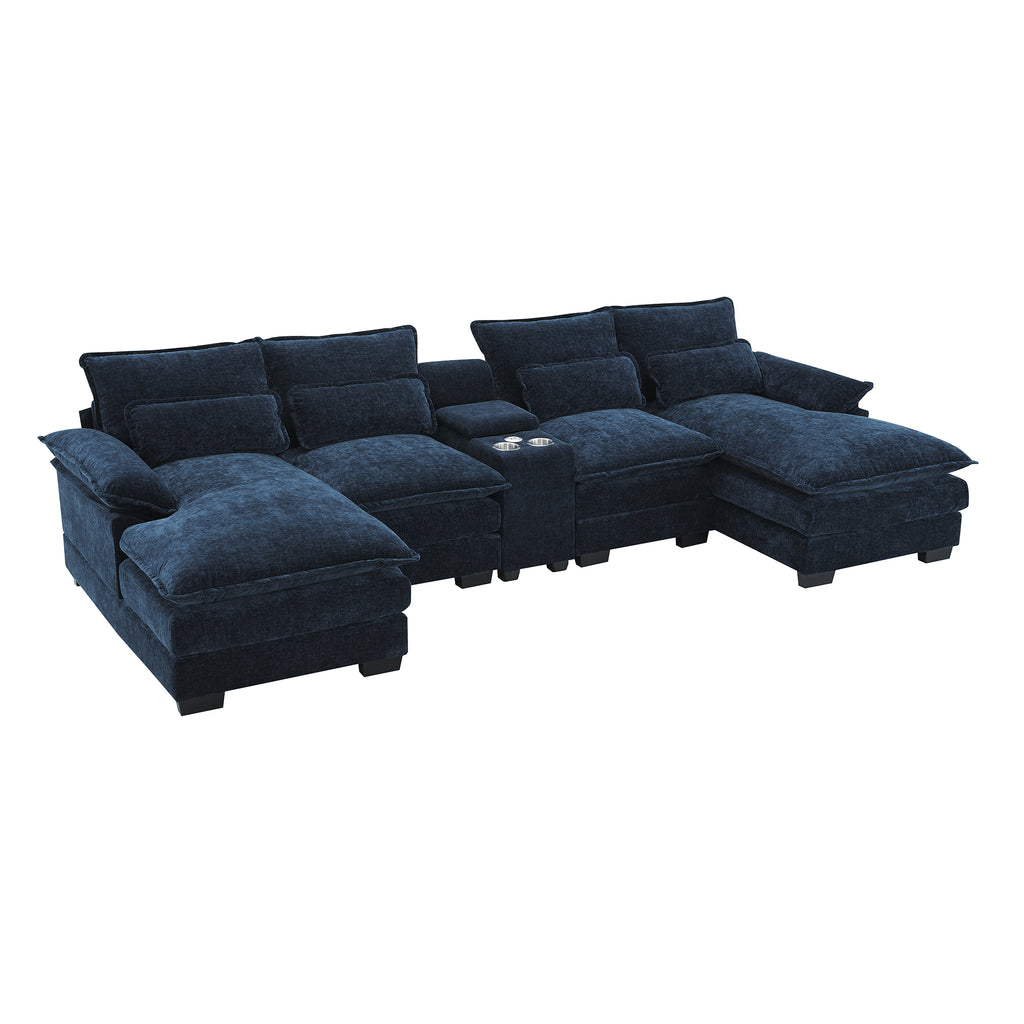 Angled view of U-shaped sectional sofa with USB charger, showing spacious seating, console with cup holders, and chenille upholstery.