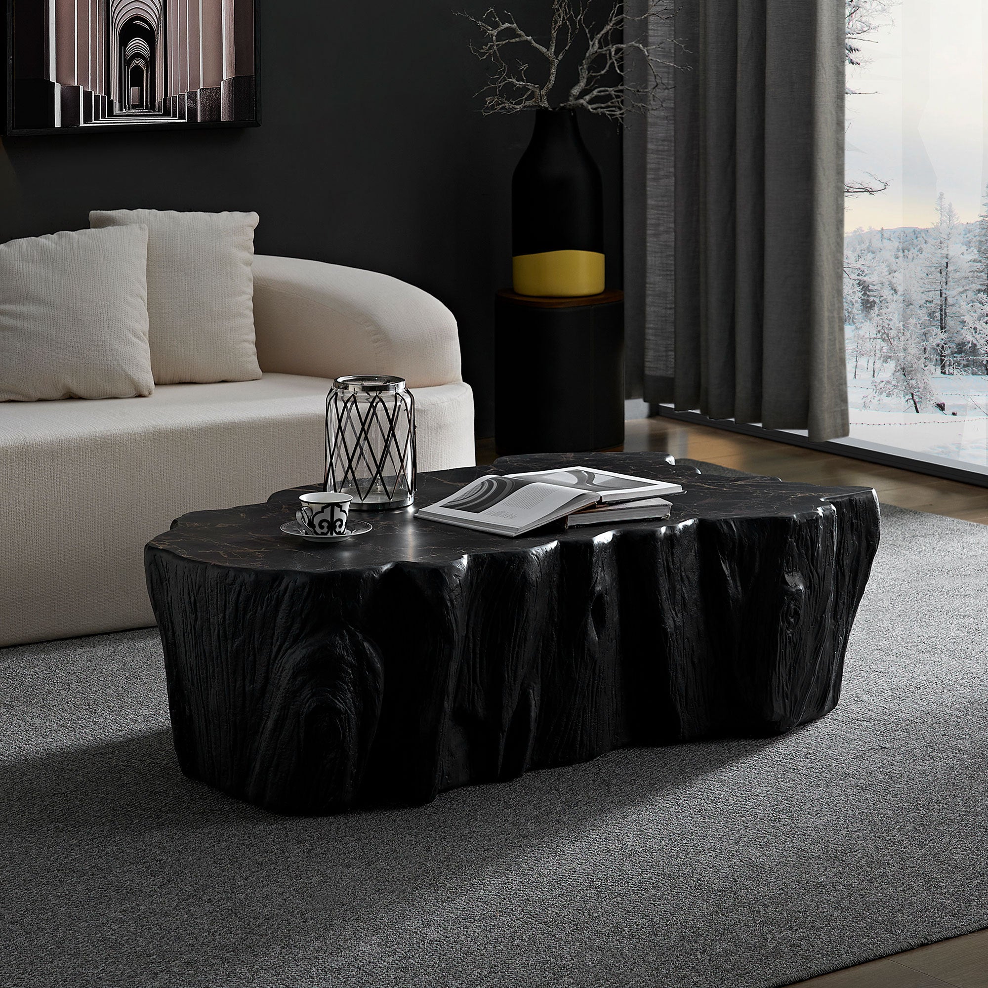 Modern living room featuring a mid-century style fiberglass coffee table with a dark, naturalistic finish and no assembly required.