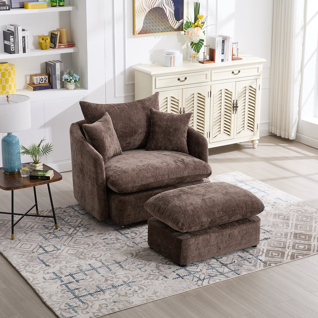 Oversized Brown Chenille Swivel Accent Chair with Ottoman