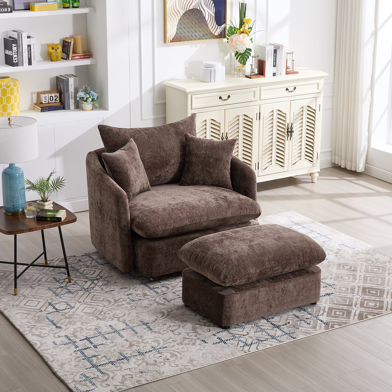 Oversized Brown Chenille Swivel Accent Chair with Ottoman