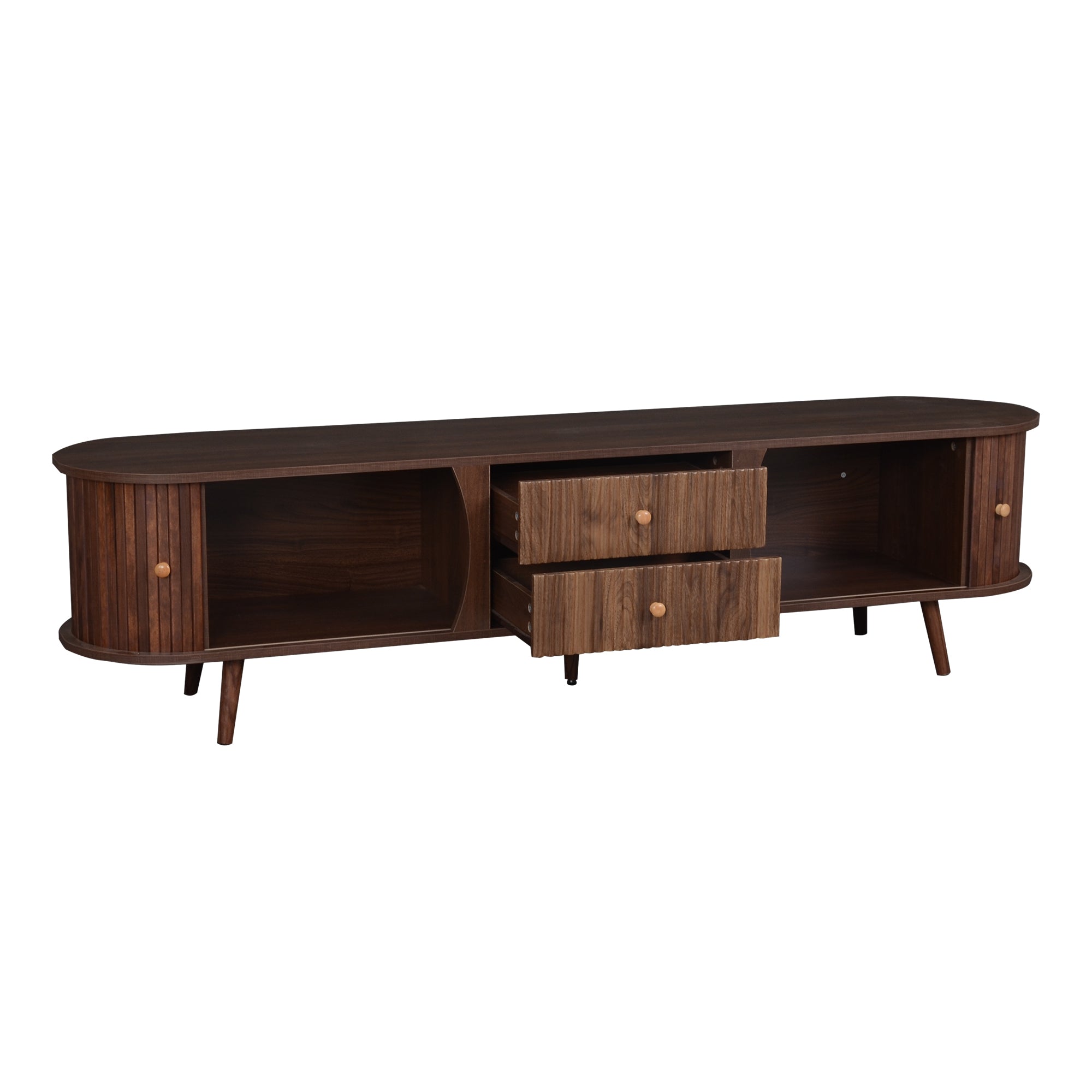 71-Inch Mid-Century Modern TV Stand with Tambour Doors in Dark Brown