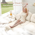 Woman relaxing on modular L-shaped chenille sectional sofa with ottoman, highlighting cloud-like softness and luxurious comfort.